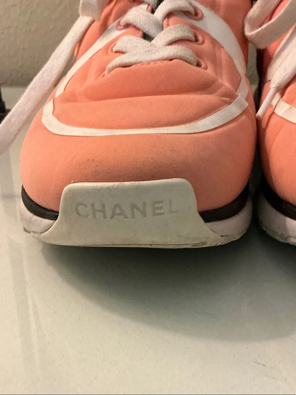 CHANEL Coral/Peach and White CC Logo Lace-Up Sneakers